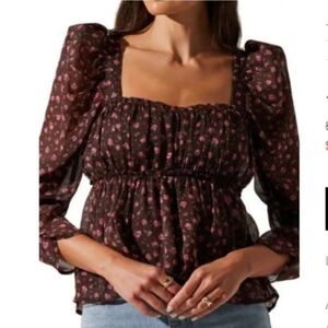 NWOT-ASTR the Label Brown Pink Ditsy Floral Smocked Babydoll Top- M